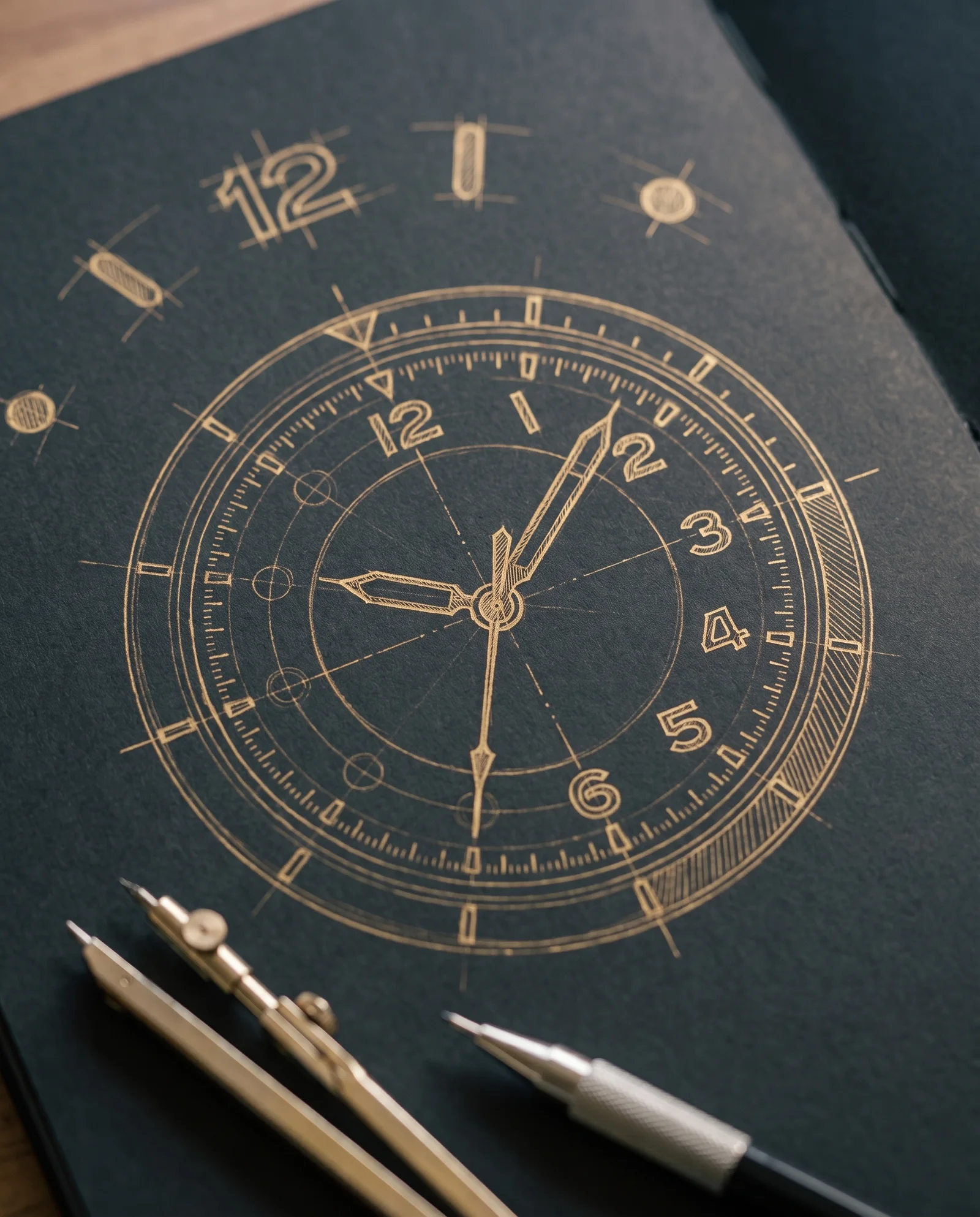 Gold-ink construction drawing of a dial in progress